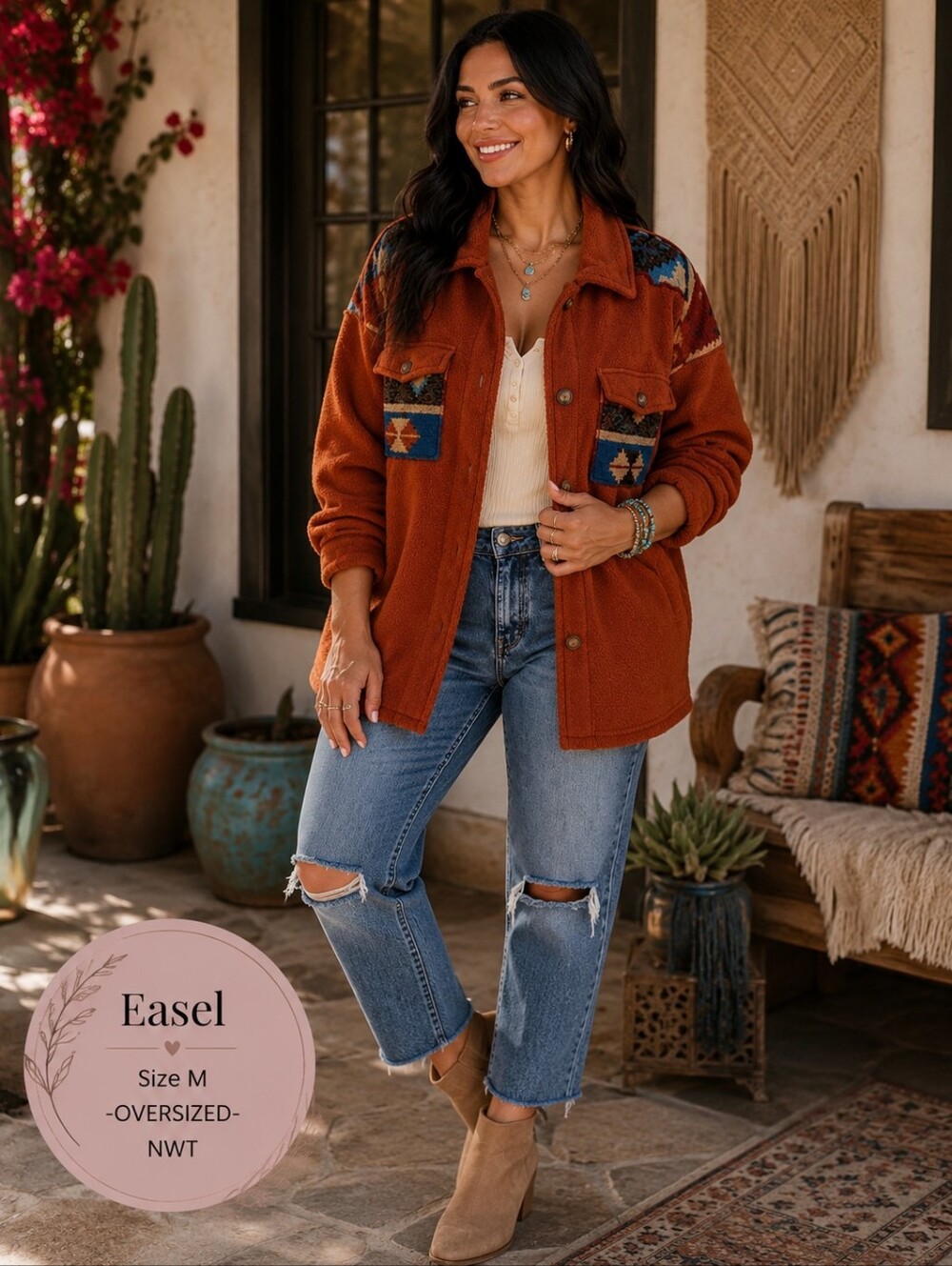 Easel NWT Rust Brown Aztec Fleece Shirt Jacket Shacket Size M Boho Western